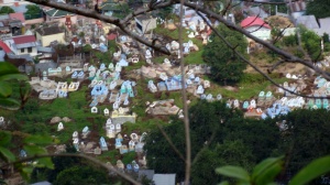 View of the cemetery at the base. 
